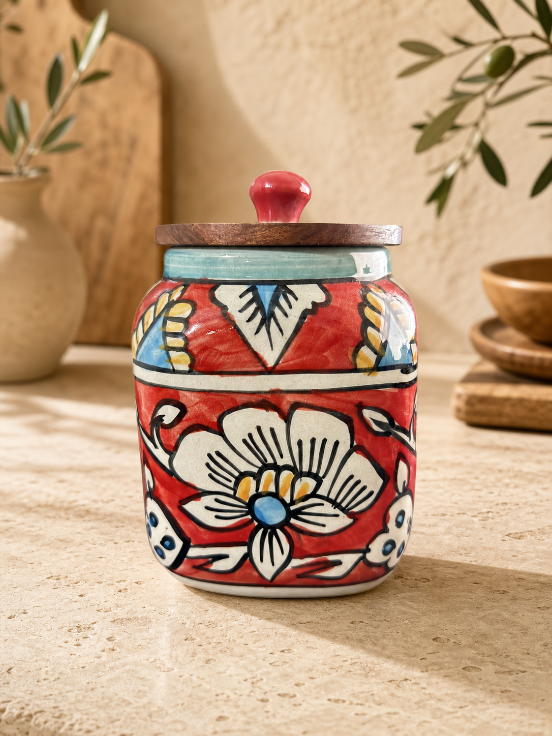Floral Ceramic Jar with Lid (Red)