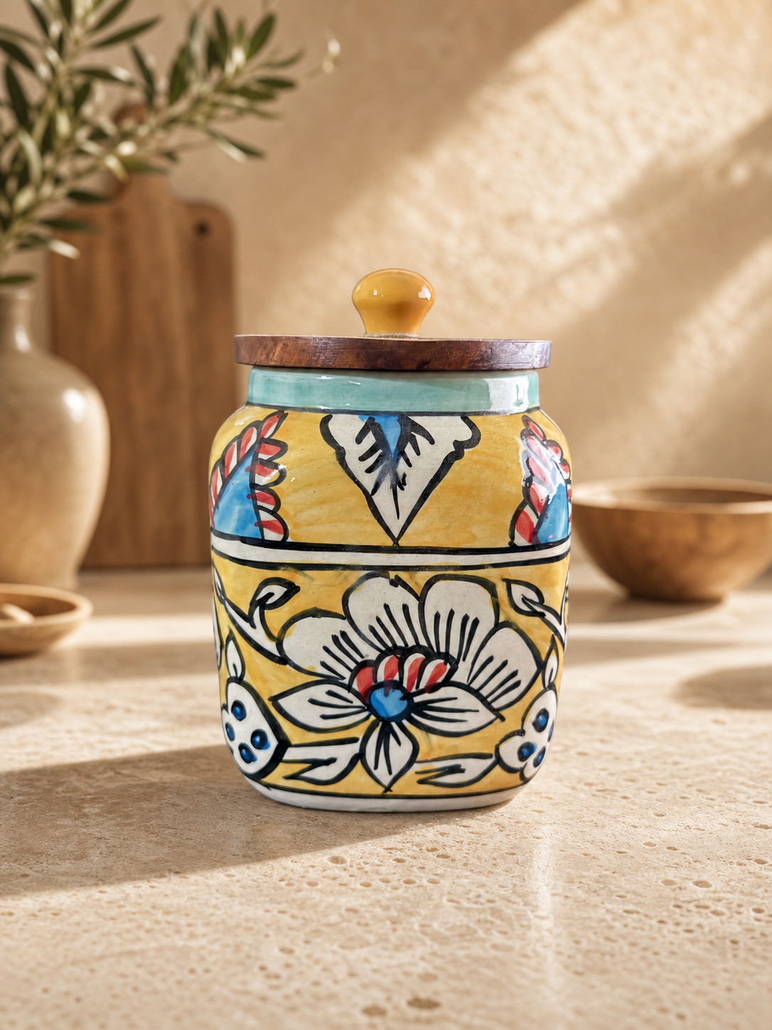 Floral Ceramic Jar with Lid (Yellow)