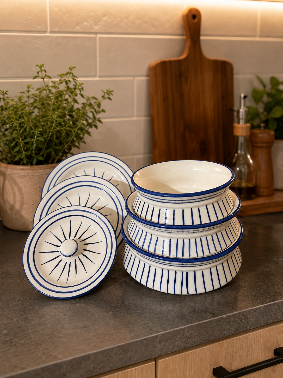 Indigo Stripe Ceramic Serving Pot Set (Set of 3)