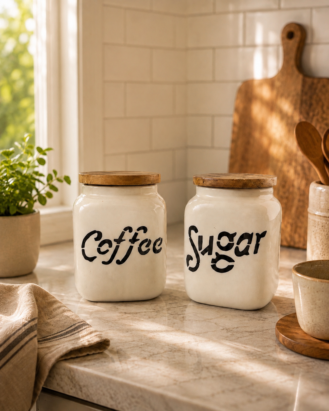 Coffee & Sugar Jars with Wooden Lids Set