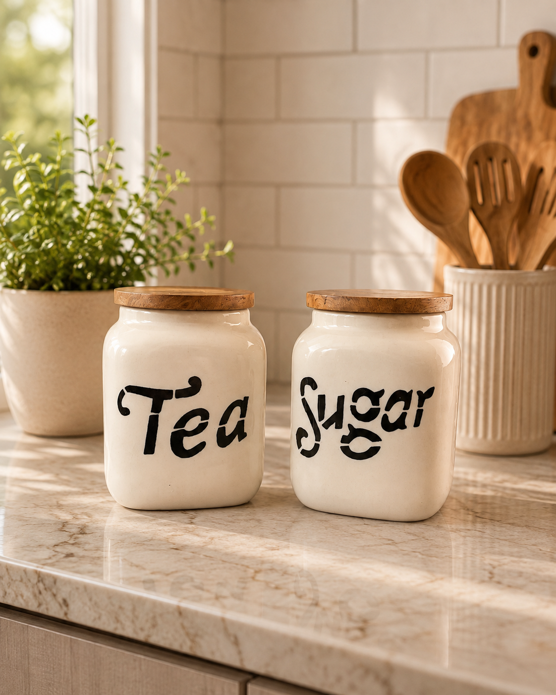 Tea & Sugar Jars with Wooden Lids Set