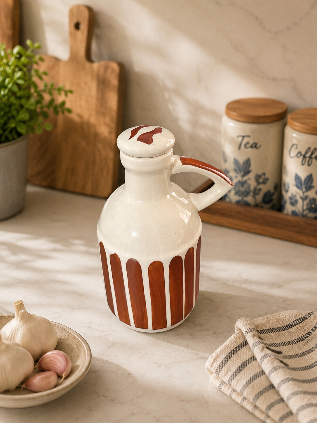 Rustic Striped Ceramic Oil Bottle