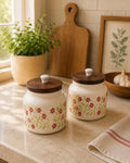 Floral Ceramic Storage Jars with Wooden Lid (Set of 2)