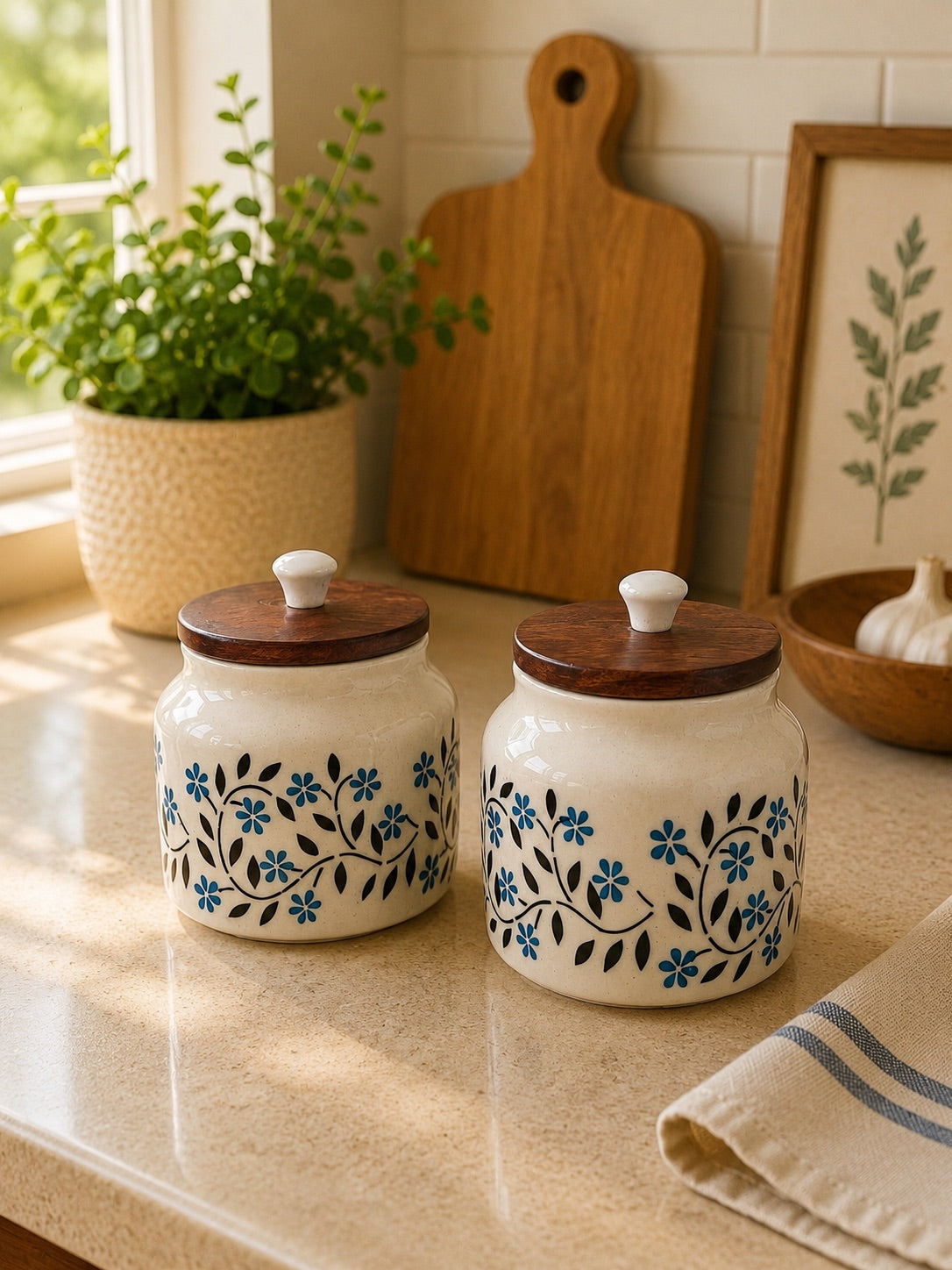 Floral Ceramic Storage Jars with Wooden Lid (Set of 2)