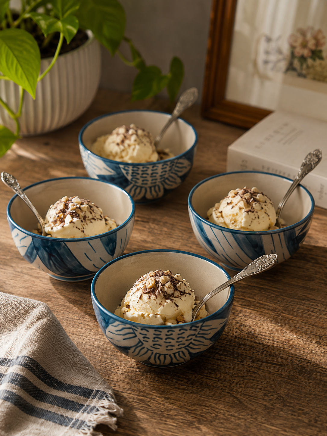 Indigo Wave Ceramic Dessert Bowl Set – Set of 4